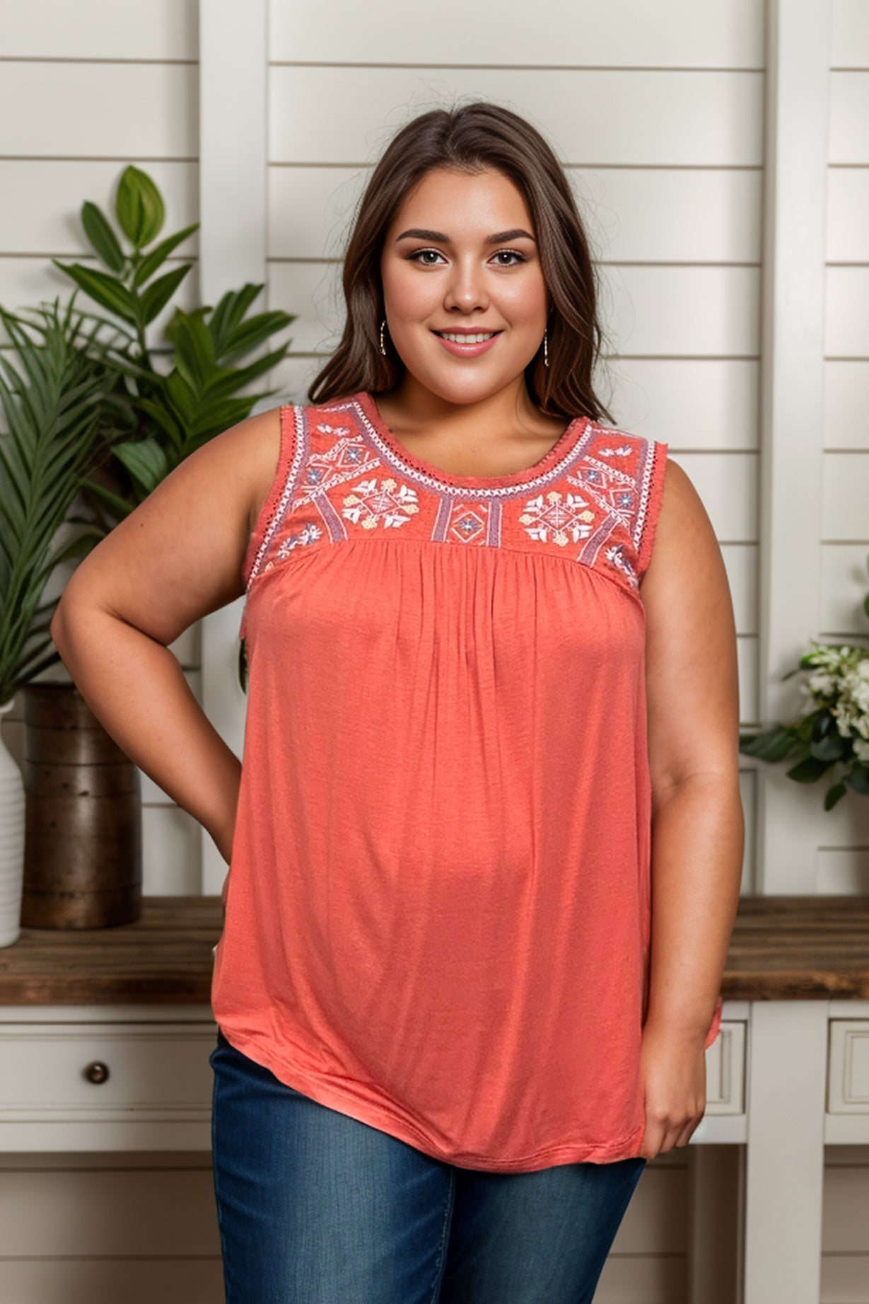 (06-07-24 Friday) Orange Blossoms - Sleeveless Top-Tank Tops-Boutique Simplified-Urban Threadz Boutique, Women's Fashion Boutique in Saugatuck, MI