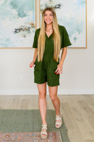 Short Sleeve V-Neck Romper in Army Green-Jumpsuits & Rompers-Ave Shops-Urban Threadz Boutique, Women's Fashion Boutique in Saugatuck, MI