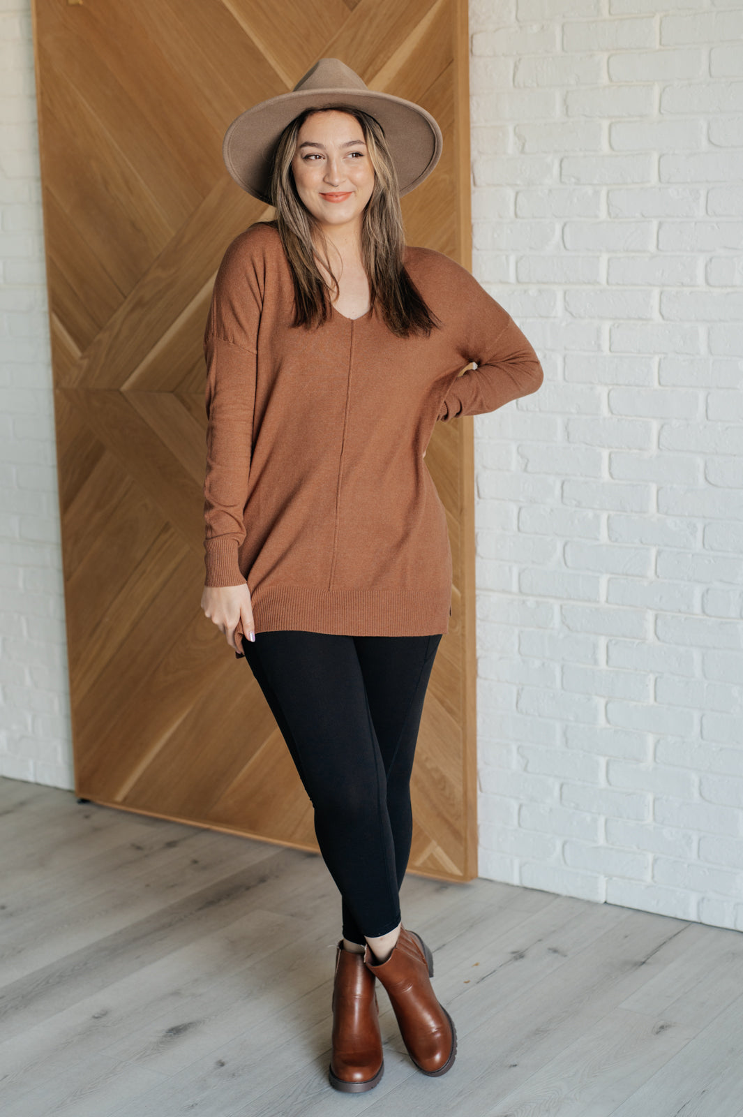 V-Neck Front Seam Sweater in Deep Camel-Sweaters-Ave Shops-Urban Threadz Boutique, Women's Fashion Boutique in Saugatuck, MI