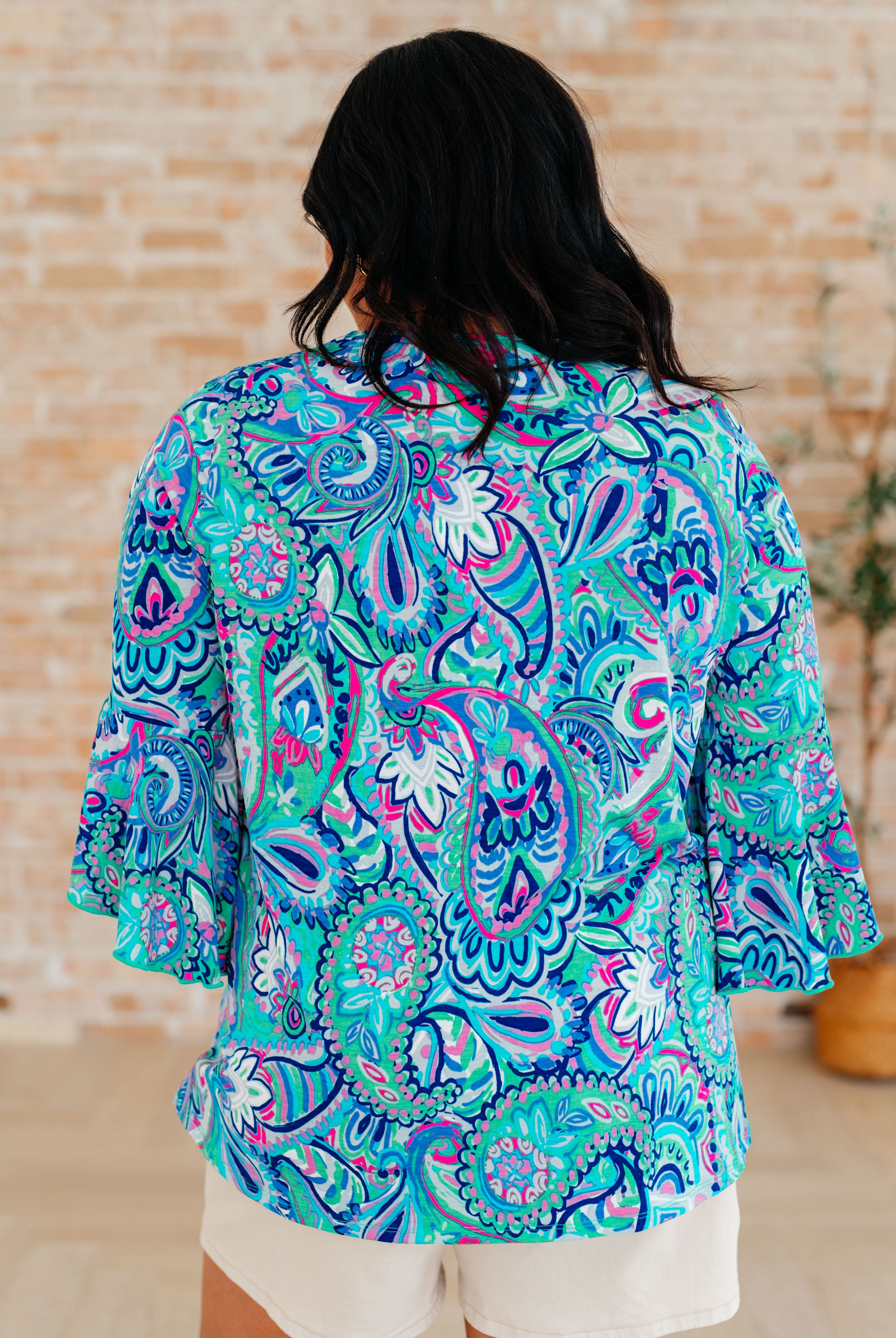 Willow Bell Sleeve Top in Emerald and Royal Paisley-Tops-Ave Shops-Urban Threadz Boutique, Women's Fashion Boutique in Saugatuck, MI