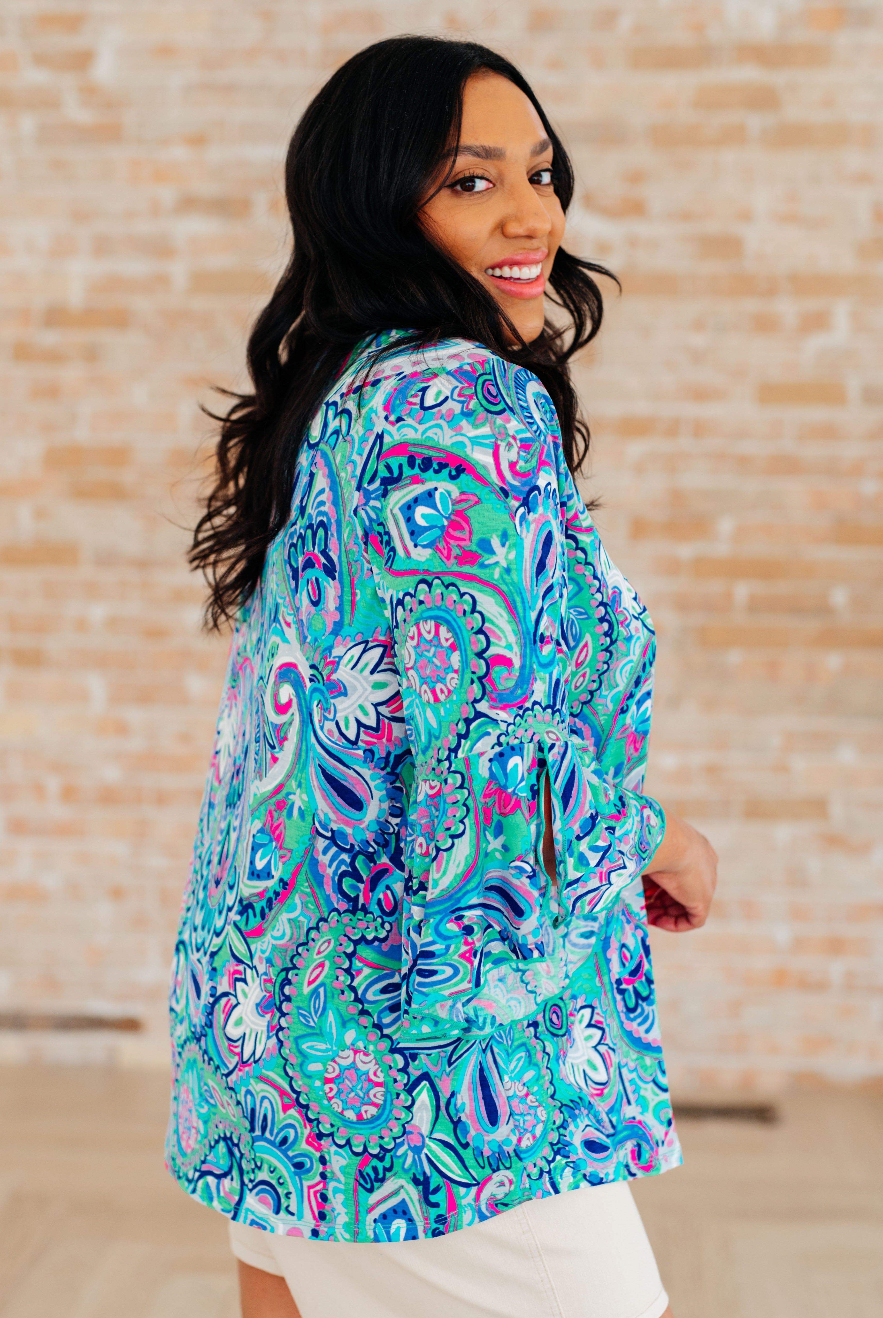 Willow Bell Sleeve Top in Emerald and Royal Paisley-Tops-Ave Shops-Urban Threadz Boutique, Women's Fashion Boutique in Saugatuck, MI