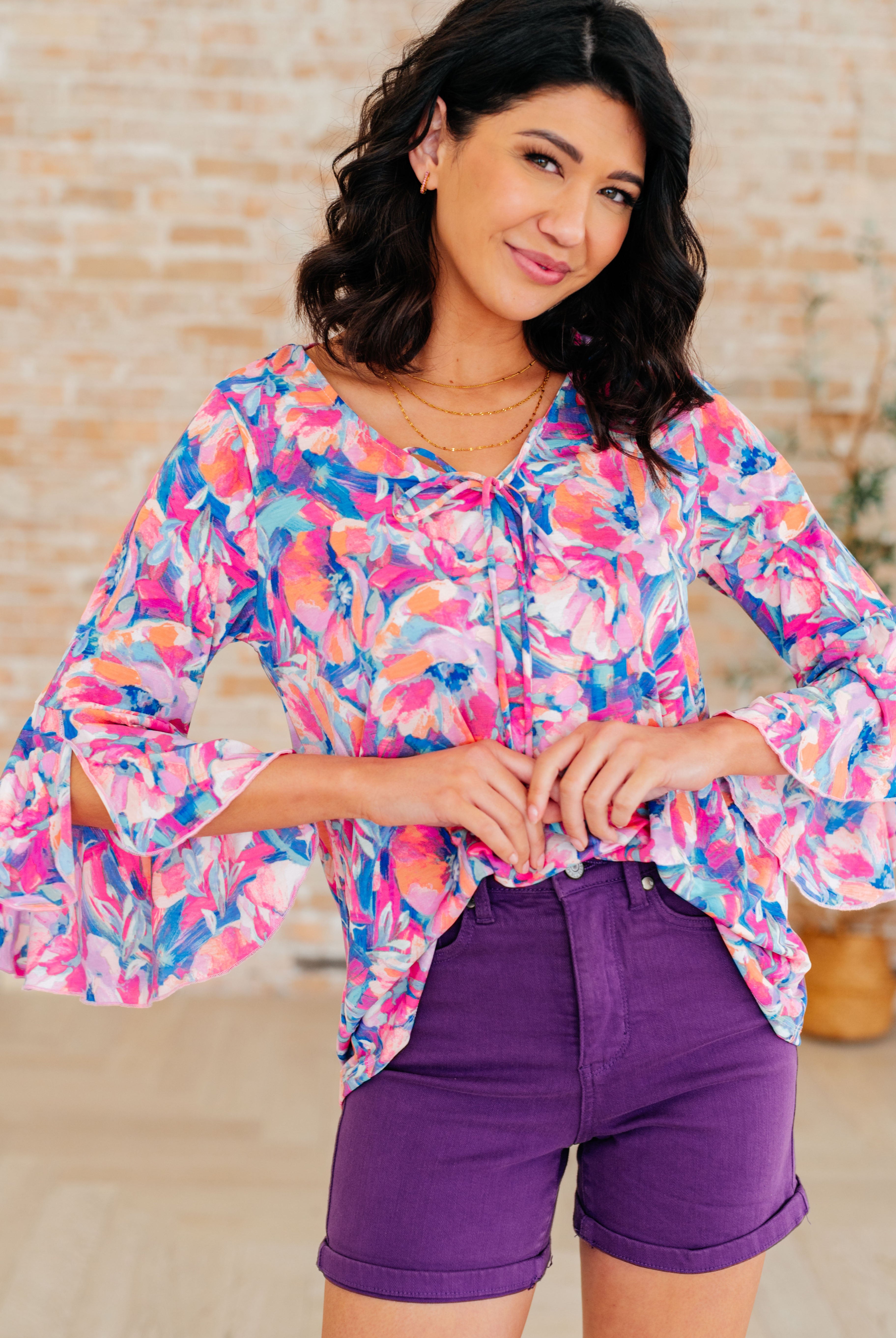 Willow Bell Sleeve Top in Royal Brushed Floral-Tops-Ave Shops-Urban Threadz Boutique, Women's Fashion Boutique in Saugatuck, MI