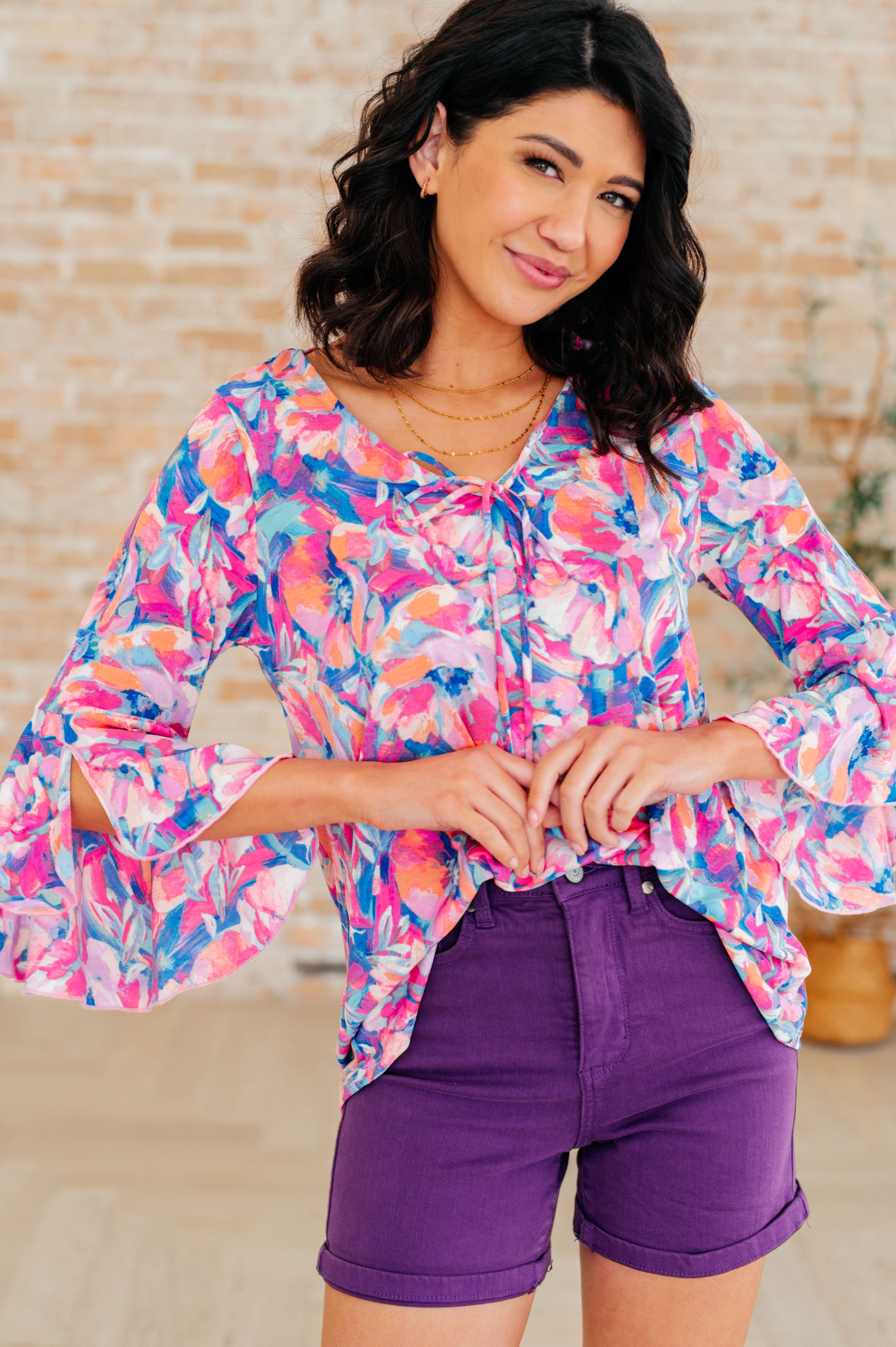 Willow Bell Sleeve Top in Royal Brushed Floral-Tops-Ave Shops-Urban Threadz Boutique, Women's Fashion Boutique in Saugatuck, MI