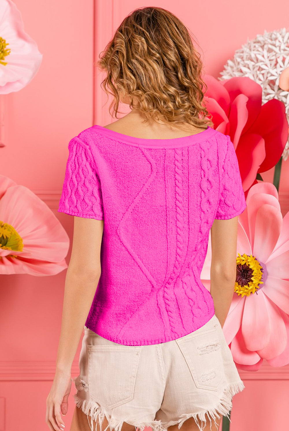 BiBi Cable Knit Short Sleeve Sweater-Short Sleeves-Trendsi-Urban Threadz Boutique, Women's Fashion Boutique in Saugatuck, MI