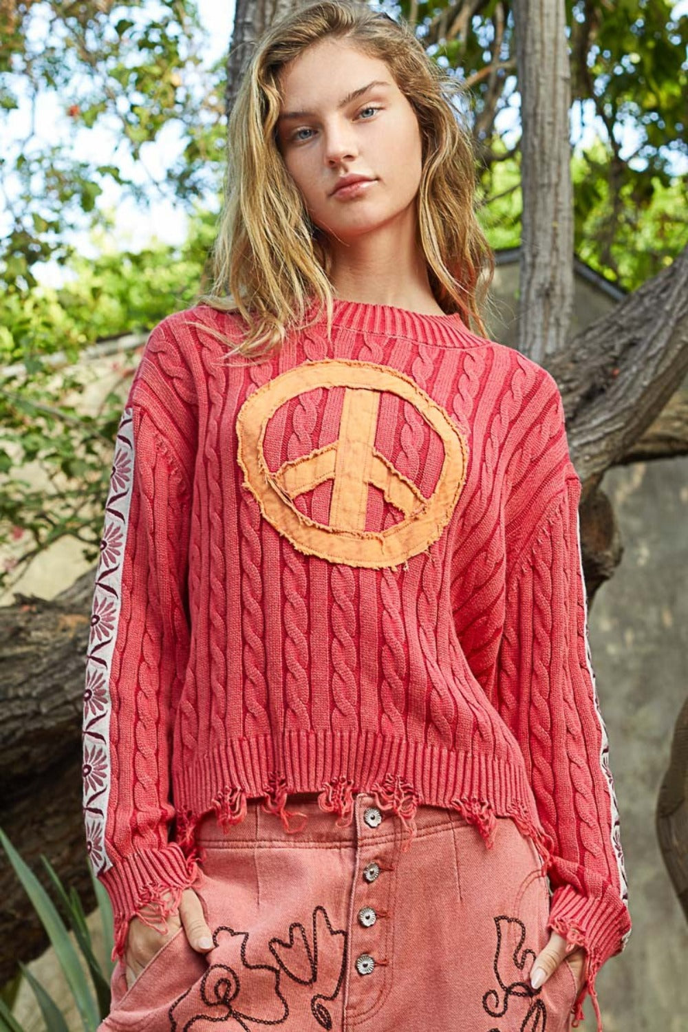 POL Washed Peace Patch Cable Knit Sweater-Sweaters-Trendsi-Urban Threadz Boutique, Women's Fashion Boutique in Saugatuck, MI