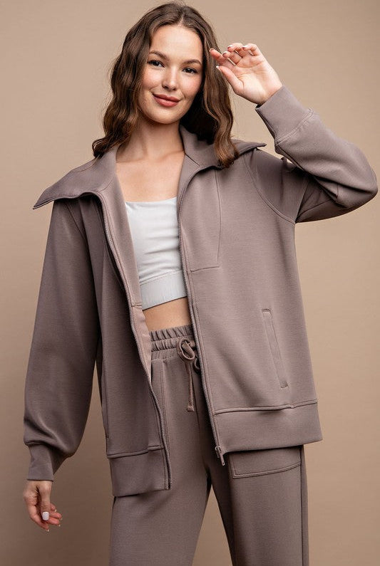 Modal Poly Full Zip Jacket in Mocha-Coats & Jackets-Ave Shops-Urban Threadz Boutique, Women's Fashion Boutique in Saugatuck, MI