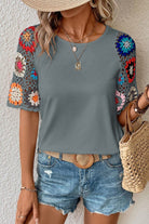 Geometric Round Neck Short Sleeve Blouse-Trendsi-Urban Threadz Boutique, Women's Fashion Boutique in Saugatuck, MI