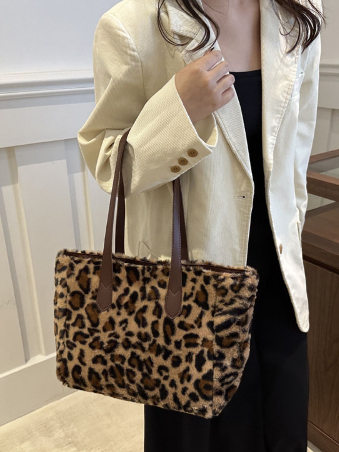 Leopard Fluff Tote Bag-Trendsi-Urban Threadz Boutique, Women's Fashion Boutique in Saugatuck, MI