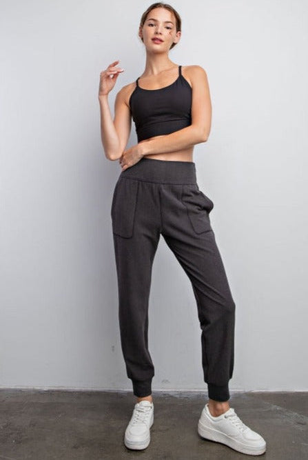 Rib Brushed Full Length Jogger Pant in Black-Joggers-Ave Shops-Urban Threadz Boutique, Women's Fashion Boutique in Saugatuck, MI