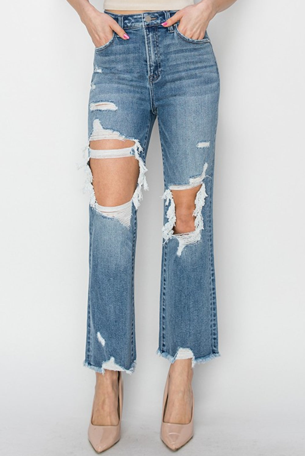 RISEN High Rise Distressed Crop Straight Jeans-Trendsi-Urban Threadz Boutique, Women's Fashion Boutique in Saugatuck, MI