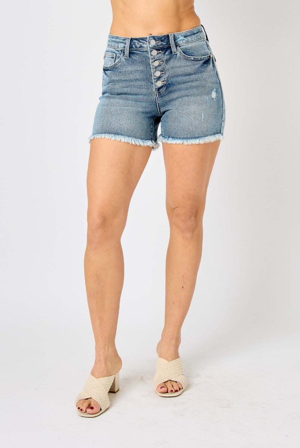 Judy Blue Full Size Button Fly Raw Hem Denim Shorts-Shorts-Trendsi-Urban Threadz Boutique, Women's Fashion Boutique in Saugatuck, MI