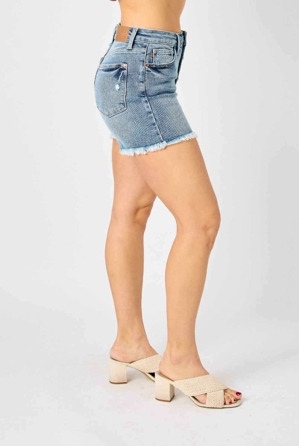 Judy Blue Full Size Button Fly Raw Hem Denim Shorts-Shorts-Trendsi-Urban Threadz Boutique, Women's Fashion Boutique in Saugatuck, MI