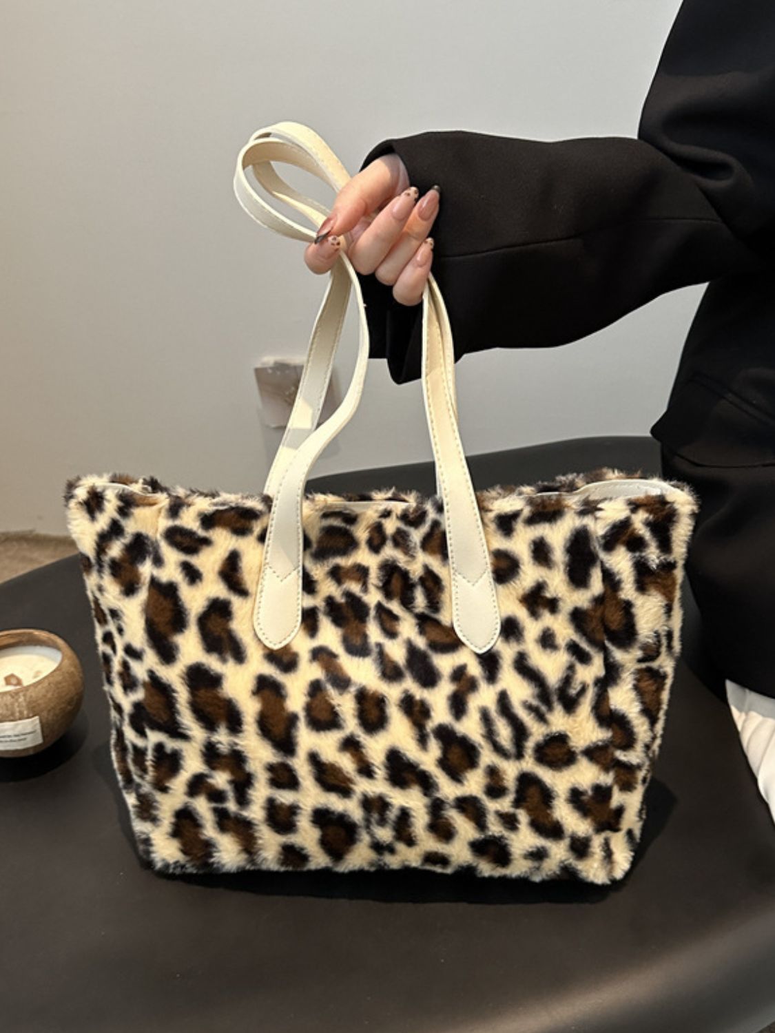 Leopard Fluff Tote Bag-Trendsi-Urban Threadz Boutique, Women's Fashion Boutique in Saugatuck, MI