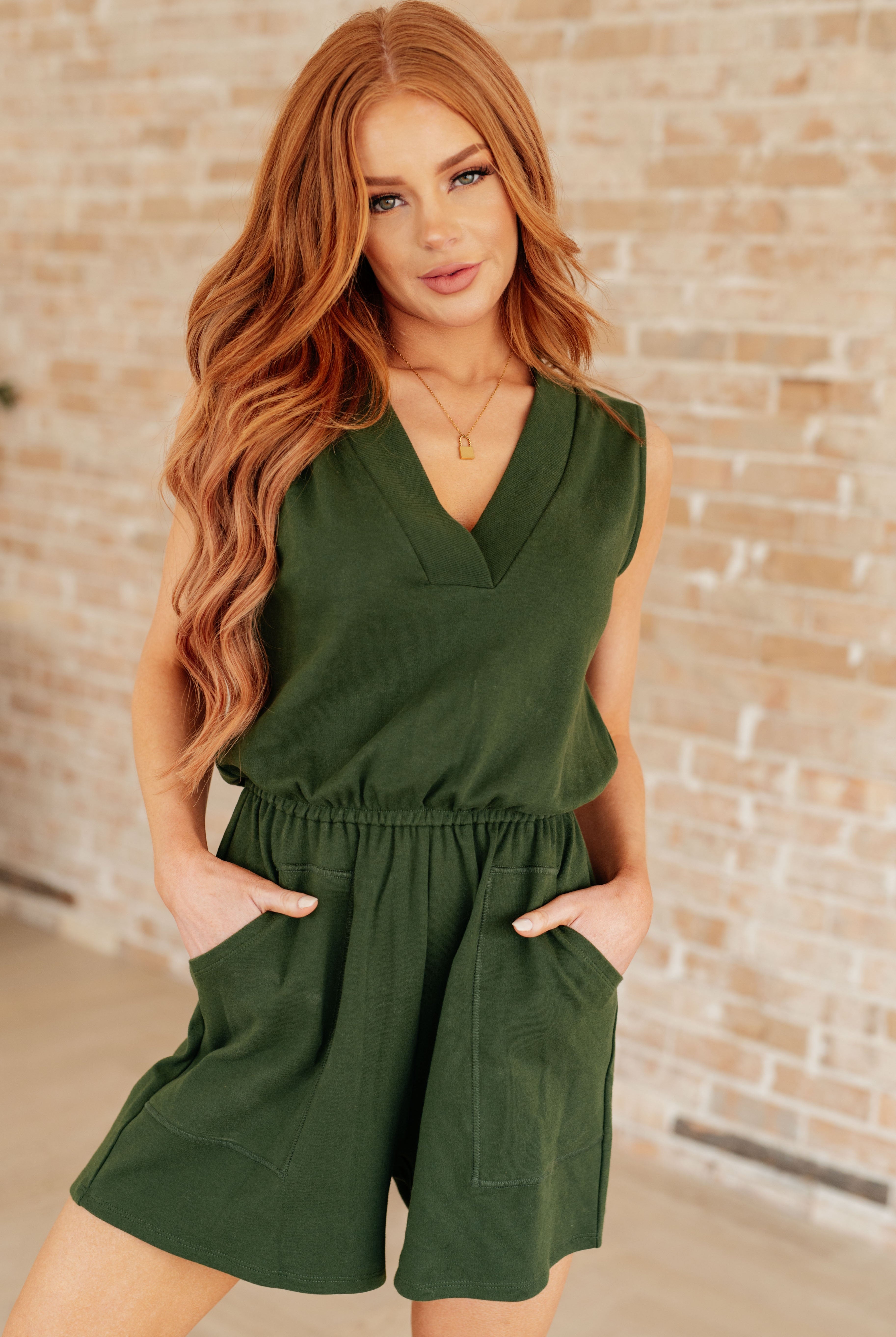 Sleeveless V-Neck Romper in Army Green-Rompers-Ave Shops-Urban Threadz Boutique, Women's Fashion Boutique in Saugatuck, MI