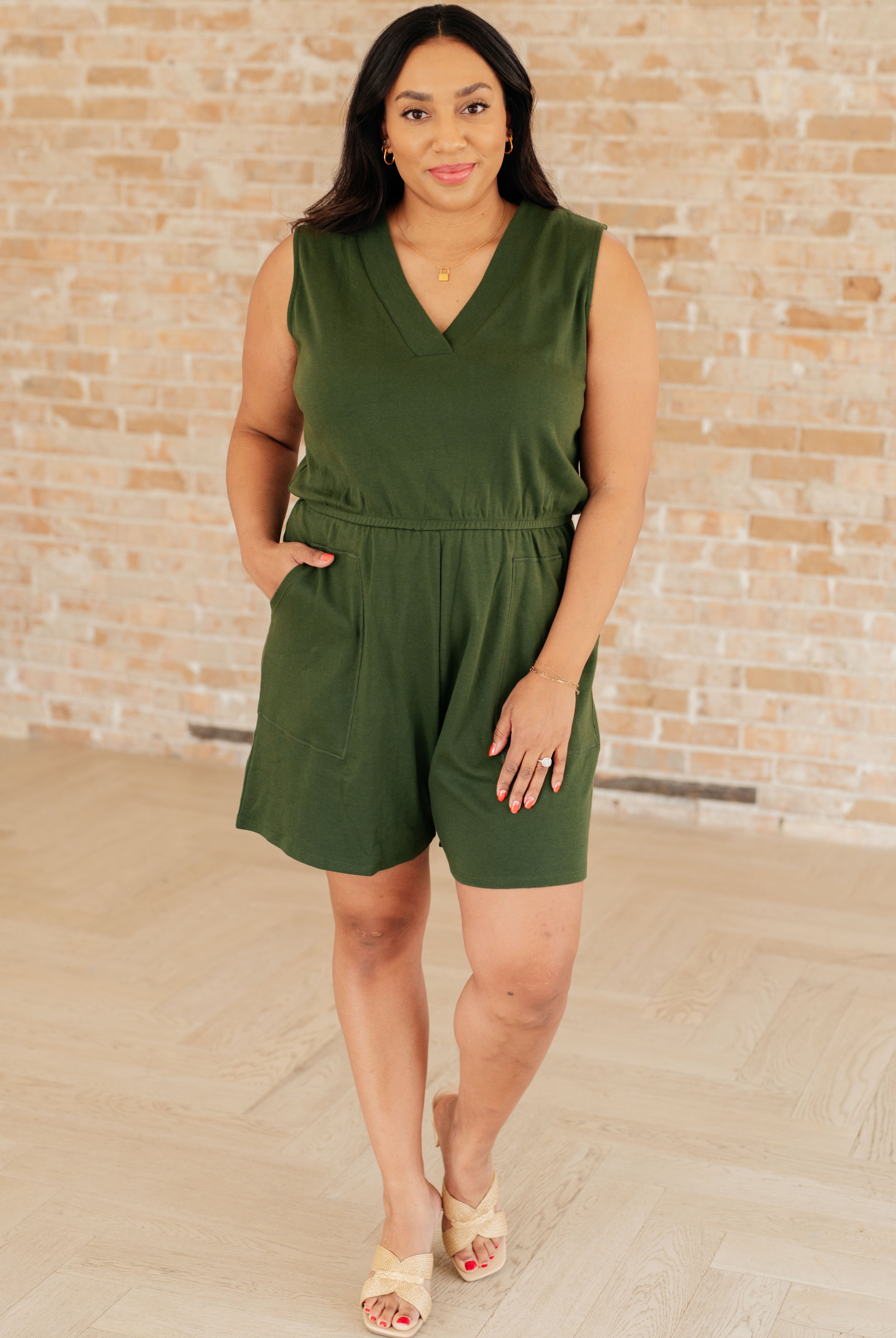 Sleeveless V-Neck Romper in Army Green-Rompers-Ave Shops-Urban Threadz Boutique, Women's Fashion Boutique in Saugatuck, MI