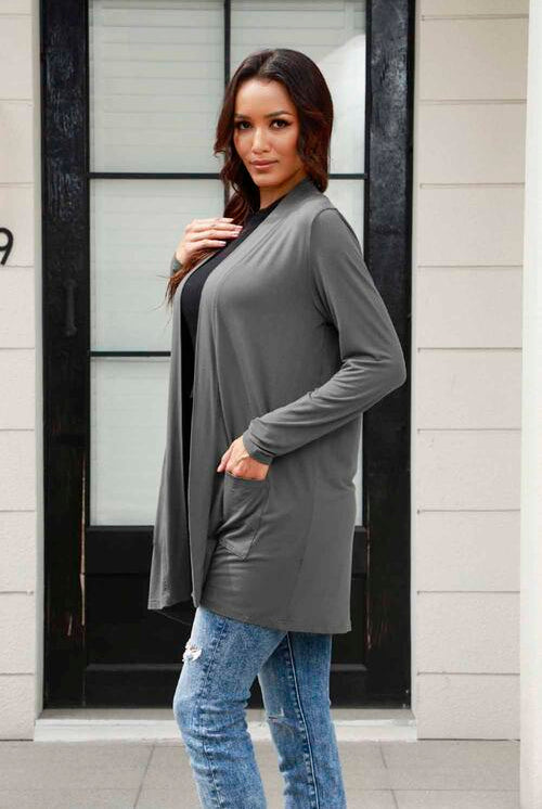 Basic Bae Full Size Open Front Long Sleeve Cardigan with Pockets-Cardigans-Trendsi-Urban Threadz Boutique, Women's Fashion Boutique in Saugatuck, MI